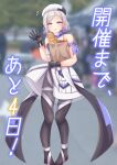  1girl absurdres bare_shoulders black_gloves blonde_hair blue_eyes blue_hair commentary_request countdown dress full_body gloves gradient_hair gradient_scarf highres jean_bart_(kancolle) kantai_collection mole mole_under_eye multicolored_gloves multicolored_hair multicolored_scarf nagi_kantai114 scarf second-party_source shirt short_hair solo strapless strapless_dress strapless_shirt two-tone_headwear waving white_dress 