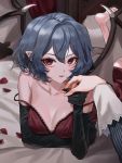  1girl 1other absurdres arm_under_breasts bare_shoulders barefoot bat_wings bed black_gloves blue_hair blurry breasts camisole cleavage collarbone commentary_request elbow_gloves eyelashes fingernails gloves hair_between_eyes hair_intakes highres holding_hand huge_filesize lips looking_at_viewer lying mell_(dmwe3537) no_hat no_headwear on_stomach parted_lips petals pointy_ears red_camisole red_eyes remilia_scarlet short_hair small_breasts solo_focus strap_slip symbol_commentary touhou wings 