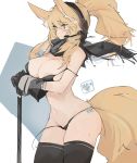  1girl animal_ear_fluff animal_ears areola_slip areolae arknights black_bra black_gloves black_legwear black_panties black_scarf blonde_hair blush bra breasts covered_nipples eyebrows_visible_through_hair gameplay_mechanics gloves headset highres horse_ears horse_tail large_breasts mikojin navel nearl_(arknights) panties ponytail scarf simple_background solo strap_slip tail thighhighs underwear wardrobe_malfunction white_background yellow_eyes 