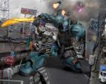  3d ad battle building cable car cityscape cloud cloudy_sky duel emblem glowing gouf gundam hiropon_(tasogare_no_puu) logo mecha mecha_focus mobile_suit mobile_suit_gundam motor_vehicle one-eyed photo_background realistic road robot roundel rx-78-2_gundam science_fiction severed_limb shield shoulder_spikes sky smoke spikes street sword weapon when_you_see_it zeon 