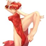  +_+ 1girl angry barefoot blush bracer china_dress chinese_clothes double_bun dress eiji_(eiji) feet fighting_stance highres leg_up martial_arts nail_polish nipples no_panties original pubic_hair red_dress red_hair red_nails see-through sweat toenail_polish 