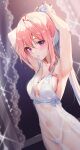  1girl adjusting_hair armpits arms_up blue_hair blush breasts cleavage commentary covered_navel dress highres long_hair looking_at_viewer medium_breasts multicolored_hair navel original pink_hair ponytail purple_eyes rimuu see-through_clothes see-through_dress sleeveless sleeveless_dress solo symbol-only_commentary two-tone_hair white_dress 
