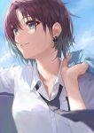  1girl asakura_tooru bangs black_neckwear blue_eyes blue_hair blue_sky breasts brown_hair cloud collared_shirt commentary_request day dress_shirt earrings eyebrows_visible_through_hair hair_between_eyes hand_up highres idolmaster idolmaster_shiny_colors jacket_over_shoulder jewelry looking_away looking_to_the_side multicolored_hair necktie outdoors parted_lips shirt short_hair sky small_breasts solo streaked_hair suketoudara_(artist) upper_body white_shirt 