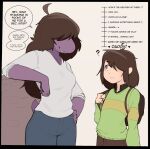 ahoge announcing_orgasm anthro backpack black_border border bottomwear breasts brown_bottomwear brown_clothing brown_hair brown_pants clothed clothing deltarune demidoggo denim denim_bottomwear denim_clothing dialogue dinosaur duo english_text female green_clothing green_sweater green_topwear grey_bottomwear grey_clothing grey_jeans grey_pants hair hair_over_eye hair_over_eyes hand_on_hip hi_res human jeans kris_(deltarune) larger_female long_hair male male_human mammal pants pattern_clothing pattern_sweater pattern_topwear prehistoric_species profanity purple_body purple_scales question_mark red_eyes reptile scales scalie short_hair simple_background size_difference smaller_human smaller_male smile speech_bubble striped_clothing striped_sweater striped_topwear stripes susie_(deltarune) sweater tan_body tan_skin text topwear undertale_(series) white_background white_clothing white_topwear