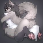  1:1 4_toes angiewolf anthro anus backsack balls butt canid canine claws feet fluffy fluffy_tail genitals grey_body hi_res hindpaw inner_ear_fluff long_tail looking_at_viewer male mammal nude pawpads paws pillow pillow_hug pink_pawpads raised_tail simple_background smile solo toe_claws toes tuft 