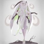  1girl absurdres artist_name black_sclera egocider extra_arms eyebrows_visible_through_hair full_body green_eyes highres insect_girl long_hair looking_away monster_girl moth_girl original parted_lips sandals solo twitter_username very_long_hair white_hair white_skin 
