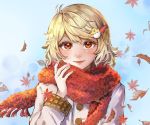  1girl arm_cuffs autumn_leaves bird bird_hair_ornament blonde_hair blue_background blush buttons chicken closed_mouth coat commentary_request egg_hair_ornament eyelashes falling_leaves food_themed_hair_ornament fringe_trim fur_scarf hair_ornament hairpin hand_up hoshiringo0902 leaf lips long_sleeves looking_at_viewer nail_polish niwatari_kutaka orange_eyes orange_nails red_scarf scarf short_hair sidelocks sky smile solo touhou upper_body white_coat 