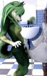  3d_(artwork) anthro bachri bodily_fluids breasts digital_media_(artwork) female fur genital_fluids genitals green_body green_fur hi_res peeing pussy solo urine 