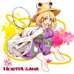  1girl animal_print bangs blonde_hair breasts brown_headwear character_name english_text eyebrows_visible_through_hair frog_print hat long_sleeves looking_at_viewer medium_breasts medium_hair moriya&#039;s_iron_rings moriya_suwako open_mouth purple_shirt purple_skirt shirt signature skirt smile solo straw_hat touhou umigarasu_(kitsune1963) white_background white_sleeves wide_sleeves yellow_eyes 