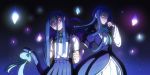  2girls blue_bow bow bowtie cat_tail collared_shirt crossover evil_smile eyebrows_visible_through_hair film_grain frederica_bernkastel furude_rika glowing glowing_eyes highres higurashi_no_naku_koro_ni long_hair looking_at_viewer multiple_girls multiple_persona puffy_sleeves purple_eyes purple_hair ribbon school_uniform shirt short_sleeves skirt smile suspenders tail tail_ribbon umineko_no_naku_koro_ni velkia white_shirt 