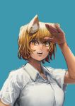  1girl absurdres animal_ear_fluff animal_ears blonde_hair blue_background blush chanta_(ayatakaoisii) collared_shirt fang fox_ears hand_up highres looking_at_viewer open_mouth shirt short_hair short_sleeves simple_background slit_pupils smile solo touhou upper_body white_shirt wing_collar yakumo_ran yellow_eyes 
