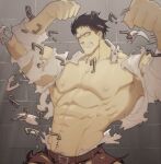  1boy abs akitaru_oubi armpit_hair bara bare_pectorals belt bidbrok black_hair blank_eyes broken broken_chain chain clenched_hands clenched_teeth en'en_no_shouboutai highres large_pectorals male_focus muscular muscular_male navel_hair nipples pectorals shirt short_hair solo tearing_clothes teeth torn_clothes torn_shirt undercut 