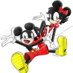  2018 alternate_form anthro biped black_body black_fur black_nose blue_eyes bottomwear clothing digital_media_(artwork) disney dress duo female footwear fur gloves green_eyes handwear hi_res male mammal mickey_mouse minnie_mouse mouse murid murine open_mouth open_smile pattern_clothing pattern_dress red_bottomwear red_clothing red_dress red_footwear red_shoes red_shorts rodent shoes shorts simple_background smile sonic_the_hedgehog_(series) spots spotted_clothing spotted_dress style_parody tan_body tan_skin warren_aeolus white_background white_clothing white_gloves yellow_clothing yellow_footwear yellow_shoes 