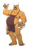  anthro apron apron_only armpit_hair balls belly biceps body_hair brown_body brown_fur canid canine canis clothed clothing digital_media_(artwork) domestic_dog erection eyebrows food foreskin fur genitals hi_res humanoid_genitalia humanoid_penis kennethbear4u male mammal mostly_nude muffin musclegut muscular muscular_anthro muscular_male nipples overweight overweight_anthro overweight_male pawpads penis pit_bull pj_(pittiepj) simple_background slightly_chubby smile solo stocky thick_thighs 