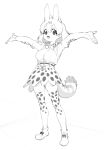  1girl animal_ears armpits arms_up bow bowtie elbow_gloves full_body gloves greyscale hair_between_eyes highres kemono_friends kona_ming looking_at_viewer monochrome open_mouth print_gloves print_legwear print_neckwear print_skirt serval_(kemono_friends) serval_ears serval_print serval_tail shirt shoes short_hair simple_background skirt sleeveless sleeveless_shirt smile solo standing tail thighhighs white_background 