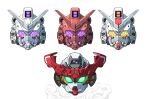  chinese_commentary commentary_request fake_horns glowing glowing_eyes gquuuuuux green_eyes gundam gundam_gquuuuuux head_only helmet highres horned_helmet horns mecha mecha_focus mobile_suit_gundam no_humans purple_eyes red_gundam robot rx-78-2_gundam science_fiction sd_gundam v-fin white_gundam xiangzi_box yellow_eyes 