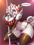  2020 amaterasu anthro anthrofied canid canine canis capcom clothing deity english_text female front_view fur gloves handwear hi_res looking_at_viewer mammal mleonheart navel open_mouth pole simple_background smile solo stripper_pole text thong underwear video_games white_body white_fur wolf ōkami 