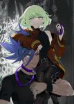  2boys androgynous arm_up armband belt belt_buckle black_belt black_pants black_shirt blue_collar blue_eyes blue_hair buckle closed_mouth collar commentary_request crew_neck dot_mouth elbow_on_another&#039;s_head feet_out_of_frame firefighter_jacket galo_thymos green_hair highres holding holding_leash jacket kaninn leash leg_belt lio_fotia long_sleeves looking_at_another male_focus multiple_boys one_eye_closed pants parted_lips promare purple_eyes shirt short_hair short_sleeves single_bare_shoulder sitting_on_shoulder sleeveless sleeveless_shirt smile 