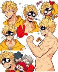  4boys ? amajiki_tamaki angry bara black_hair blonde_hair boku_no_hero_academia bruise chibi commentary_request completely_nude fangs fat_gum_(boku_no_hero_academia) flying_sweatdrops gloves grey_hair grin highres injury kirishima_eijiro looking_at_another looking_at_viewer male_focus masked monu multiple_boys multiple_views muscular muscular_male no_pants nude open_mouth red_gloves red_hair scared smile sparkle speech_bubble spoken_question_mark superhero_costume surprised tetsutetsu_tetsutetsu topless_male translation_request white_background 
