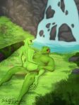  2020 4_toes 5_fingers amphibian anthro anthro_on_anthro anthro_penetrated anthro_penetrating anthro_penetrating_anthro balls breasts butt cowgirl_position duo female female_on_top female_penetrated fingers flower frog genitals grass green_body green_skin hand_on_hip hand_on_leg hand_on_thigh hi_res male male/female male_on_bottom male_penetrating male_penetrating_female nipples on_bottom on_top penetration plant pond red_eyes sex shrub signature text toes url wolfpsalm 