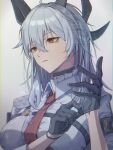  1girl adjusting_clothes adjusting_gloves armband black_armband black_choker black_gloves black_horns chest_harness choker chromatic_aberration closed_mouth collared_shirt commentary curled_horns gloves grey_hair hair_between_eyes harness highres horns kopi_(user_ajtn7422) long_hair multicolored_hair necktie portrait red_eyes red_necktie shirt signature solo streaked_hair white_shirt wuthering_waves zani_(wuthering_waves) 