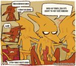 adventure_time anthro blush bodily_fluids brown_body canid canine canis cartoon_network comic cum cum_in_mouth cum_inside dialogue digital_media_(artwork) domestic_dog duo ejaculation english_text erection fellatio fox fur genital_fluids genitals hair hi_res jake_the_dog male male/male mammal mr._fox_(adventure_time) notsafeforwanking nude oral penile penis selfcest sex simple_background small_penis spreading square_crossover tail text