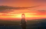  1girl absurdres city closed_eyes cloud highres huge_filesize original scarf scenery school_uniform serafuku solo standing sunset tochichima 