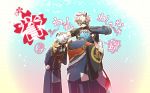  3boys aqua_hair armor eyepatch hesocha horns ichigo_hitofuri japanese_armor leaning_forward male_focus menpoo military military_uniform multiple_boys nakigitsune nakigitsune&#039;s_fox onimaru_kunitsuna petting silver_hair single_horn touken_ranbu uniform white_hair 