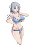  1girl acchan armpits bikini blue_bikini bow breasts cleavage collarbone cowboy_shot frilled_bikini frills grey_hair hair_bow highres large_breasts light_blue_eyes looking_at_viewer medium_hair navel parted_lips senran_kagura solo swimsuit white_bow yumi_(senran_kagura) 