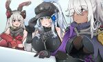  1girl 3girls animal_ears armored_leotard baseball_cap black_hat breasts chinese_commentary closed_mouth commentary_request dark-skinned_female dark_skin fake_animal_ears girls&#039;_frontline girls&#039;_frontline_2:_exilium green_eyes grey_hair hair_between_eyes hat highres hk416_(girls&#039;_frontline) klukai_(girls&#039;_frontline_2) krolik_(girls&#039;_frontline_2) large_breasts leotard light_blush light_smile long_hair looking_at_viewer lsheng mechanical_ears multiple_girls nemesis_(girls&#039;_frontline_2) open_mouth playboy_bunny ponytail purple_eyes rabbit_ears red_eyes sidelocks smile tactical_playboy_bunny tattoo teardrop teardrop_facial_mark teardrop_tattoo teeth upper_body upper_teeth_only 