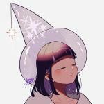  1girl bangs blunt_bangs blush glowing hat kisaragi_yuu_(fallen_sky) original parted_lips portrait signature simple_background solo sparkle star_(sky) transparent_headwear white_background witch_hat 