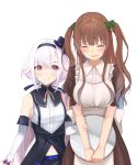  .live 2girls alternate_costume apron blush brown_hair carro_pino detached_sleeves headband kakyouin_chieri kuro_cat_3 long_hair looking_at_viewer maid multiple_girls navel plate simple_background sleeveless virtual_youtuber white_background 