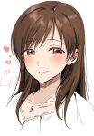  1girl artist_name blush brown_hair collarbone earrings gen_(enji) heart highres idolmaster idolmaster_cinderella_girls jewelry long_hair looking_at_viewer necklace nitta_minami portrait signature simple_background smile solo straight_hair stud_earrings white_background 