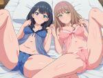  2girls anime_coloring babydoll bed_sheet black_hair blue_babydoll blue_eyes blue_panties blush bow bow_panties breasts brown_hair cameltoe closed_mouth commentary_request green_eyes gridman_universe highres holding_hands knee_up looking_at_viewer lying medium_breasts medium_hair minami_yume multiple_girls navel on_back on_bed open_mouth panties pink_babydoll pink_panties shiitake_taishi spread_legs ssss.dynazenon ssss.gridman stomach string_panties takarada_rikka thighs underwear 