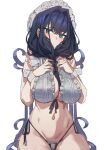  1girl between_breasts black_panties blue_eyes blue_hair bow_(bhp) braid breasts hair_between_breasts highres hololive hololive_english large_breasts long_hair maid maid_headdress navel ouro_kronii ouro_kronii_(maid) panties side-tie_panties simple_background solo underwear virtual_youtuber white_background 