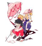  2girls aibivy black_hair blonde_hair bow bright_pupils brown_eyes brown_footwear detached_sleeves dress gap_(touhou) gloves gohei hair_bow hair_tubes hakurei_reimu hand_up hat hat_ribbon highres holding holding_umbrella long_hair long_sleeves mob_cap multiple_girls ofuda pink_umbrella ponytail purple_dress purple_eyes red_bow red_ribbon red_shirt red_skirt ribbon shirt shoes short_sleeves simple_background skirt socks squatting touhou umbrella white_background white_legwear white_pupils wide_sleeves yakumo_yukari 