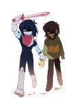  2others arm_up bandana blood blood_on_clothes blood_on_face blood_on_weapon blue_bodysuit bodysuit brown_hair brown_pants closed_mouth deltarune dual_persona green_sweater highres holding_hands kris_(deltarune) long_sleeves multiple_others pants pink_bandana puffy_long_sleeves puffy_sleeves shiki_ii short_hair short_sleeves simple_background smile sweater weapon white_background 