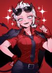  1girl black_necktie commentary demon_girl demon_horns demon_tail eyewear_on_head grey_eyes helltaker helltaker_(character) highres horns justice_(helltaker) looking_at_viewer necktie open_mouth paulandcookie red_background red_shirt shirt smile solo sunglasses tail 