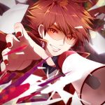  1boy collar ear_piercing eyebrows_visible_through_hair hair_between_eyes holding holding_megaphone kou_saku_sena megaphone piercing reaching_out red_eyes red_hair smile sound_voltex tagme teeth tsumabuki_right 