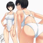  1girl black_hair breasts brown_eyes character_request commission cowboy_shot front_mission hand_on_own_hip highleg highleg_one-piece_swimsuit highres large_breasts leaning_forward multiple_views one-piece_swimsuit parted_bangs pixiv_commission racerback short_hair signature simple_background solo swimsuit tachi-e wet wet_clothes wet_swimsuit white_background white_one-piece_swimsuit yoo_tenchi 