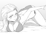  1girl arm_up ass bed_sheet bikini breasts clara_(girls_und_panzer) cleavage closed_mouth commentary girls_und_panzer greyscale head_tilt highres large_breasts long_hair looking_at_viewer monochrome on_bed renshiu shadow side-tie_bikini smile solo swimsuit top-down_bottom-up 