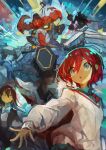  2girls absurdres amate_yuzuriha brown_hair closed_mouth commentary_request gquuuuuux green_eyes gundam gundam_gquuuuuux hair_between_eyes highres kaamin_(mariarose753) long_hair long_sleeves looking_up mecha mobile_suit multiple_girls nyaan_(gundam_gquuuuuux) open_mouth red_hair robot science_fiction sketch sweatdrop sweater upper_body v-fin white_sweater yellow_eyes 