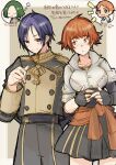  2boys 2girls black_gloves black_skirt blue_hair border borrowed_clothes breasts closed_eyes closed_mouth clothes_around_waist commentary_request cosplay cowboy_shot dorothy_(fire_emblem) fingerless_gloves fire_emblem fire_emblem:_the_binding_blade fire_emblem:_three_houses freckles garreg_mach_monastery_uniform gloves green_hair grey_background high-waist_skirt highres jacket jacket_around_waist leonie_pinelli leonie_pinelli_(cosplay) linhardt_von_hevring long_sleeves looking_to_the_side medium_breasts multiple_boys multiple_girls orange_eyes orange_hair parted_bangs saul_(fire_emblem) short_hair simple_background skirt smile speech_bubble spoken_character translation_request urihara84 uwu white_border 