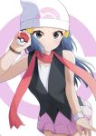  1girl absurdres aftamc bare_shoulders beanie black_vest blue_eyes blue_hair blush bracelet breasts closed_mouth cowboy_shot dawn_(pokemon) dutch_angle fingernails hand_up hat highres holding holding_poke_ball jewelry leaning_forward long_hair pink_skirt poke_ball pokemon pokemon_(game) pokemon_dppt red_scarf scarf sidelocks simple_background skirt sleeveless small_breasts smile solo standing v-shaped_eyebrows vest white_background white_headwear 