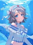  1girl air_bubble bare_shoulders birthday blue_eyes blush breasts brown_hair bubble clothing_cutout fish frills from_side grey_hair hanata_ma highres jewelry koi_ni_naritai_aquarium light_rays long_sleeves looking_at_viewer love_live! love_live!_sunshine!! midriff multicolored_hair nose open_mouth ribbon short_hair simple_background stomach streaked_hair sunlight teeth tiara underwater watanabe_you water wavy_hair 