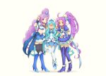  >_< 3girls aono_miki black_thighhighs blue_boots blue_bow blue_dress blue_hair blue_skirt blue_thighhighs boots bow bridal_gauntlets brooch choker clenched_teeth crop_top cure_beat cure_berry cure_marine dress fresh_precure! full_body hair_bow hairband hand_up heart heart_brooch heartcatch_precure! high_heel_boots high_heels highres in-franchise_crossover jewelry knee_boots kurokawa_eren kurumi_erika layered_skirt long_hair looking_at_another looking_at_viewer magical_girl multiple_girls navel one_eye_closed pleated_skirt precure puffy_short_sleeves puffy_sleeves purple_eyes purple_hair shoes short_sleeves side_ponytail simple_background skirt standing stomach teeth thigh_boots thighhighs v very_long_hair white_background white_skirt wrist_cuffs yellow_eyes yuu13 zettai_ryouiki 