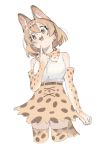  1girl animal_ears belt blonde_hair blush bow bowtie breasts brown_eyes cropped_legs elbow_gloves gloves hair_between_eyes highres index_finger_raised kemono_friends kona_ming large_breasts open_mouth print_bow print_gloves print_legwear print_neckwear serval_(kemono_friends) serval_ears serval_print serval_tail shirt shirt_tucked_in short_hair simple_background smile solo tail thighhighs white_background white_shirt yellow_eyes 