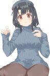 1girl alternate_costume az_toride beret black_hair black_pantyhose blue_dress blue_hat blue_sweater commentary_request dress hat highres kantai_collection looking_at_viewer mimikaki pantyhose red_eyes ribbed_sweater seiza short_hair simple_background sitting solo sweater sweater_dress takao_(kancolle) white_background 