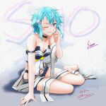  1girl aqua_hair arm_support bare_shoulders barefoot black_choker black_leotard black_scarf black_shorts blue_eyes breasts character_name choker cleavage collarbone commentary_request copyright_name dated grin hair_ornament hairclip highres leotard micro_shorts multicolored_leotard no-ppo one_eye_closed scarf scratching_cheek short_hair shorts signature sinon sitting small_breasts smile solo sword_art_online translation_request two-tone_leotard two-tone_scarf unworn_scarf variant_set white_leotard white_scarf yokozuwari 