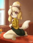  animal_crossing anthro blush butt_pose canid canine canis clothed clothing desk domestic_dog female flower furniture isabelle_(animal_crossing) kneeling looking_at_viewer looking_back mammal nintendo pawpads plant pose raised_clothing raised_skirt rilex_lenov shih_tzu solo toy_dog video_games 